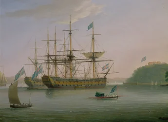Zwei britische Kriegsschiffe, die unterhalb von Mount Edgcumbe in Plymouth vor Anker liegen, während die Admiralsbarkasse zum Ufer zurückkehrt